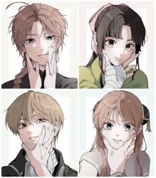  2boys 2girls anger_vein ascot bandages black_hair blood blood_on_face blue_eyes braid braided_ponytail brother_and_sister brown_eyes brown_hair clenched_teeth commentary_request gintama green_kimono hair_between_eyes hair_ribbon hand_on_another's_face highres japanese_clothes kagura_(gintama) kamui_(gintama) kimono long_hair multiple_boys multiple_girls okita_sougo orange_hair ossu_oraaka parted_bangs ribbon shinsengumi_(gintama) short_hair siblings sidelocks sleeveless smile sweatdrop teeth tokugawa_soyo white_ascot 