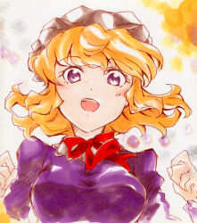  1girl blonde_hair blush bow bowtie breasts collared_dress contrast_collar dress excited hair_between_eyes hat long_sleeves looking_at_viewer maribel_hearn marker_(medium) mob_cap open_mouth purple_dress red_bow red_bowtie reitaisai sanwa_no_jako_(daikichi_club) sleeve_cuffs solo touhou traditional_media violet_eyes white_hat 
