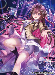  1girl ascot asymmetrical_dress asymmetrical_sleeves azki_(4th_costume)_(hololive) azki_(hololive) black_boots boots bracelet braid breasts brown_dress brown_hair collared_dress colored_inner_hair commentary_request company_name copyright_notice cube dress foot_out_of_frame glint hachi404 hair_between_eyes hair_ornament hair_ribbon half_up_half_down_braid hand_on_own_chest high-low_dress hololive jewelry leg_up long_hair looking_at_viewer medium_breasts mole mole_under_eye multicolored_hair official_art pink_hair reaching reaching_towards_viewer ribbon smile solo stage stage_lights streaked_hair teeth two-tone_dress upper_teeth_only violet_eyes virtual_youtuber white_ascot white_dress white_streaks 