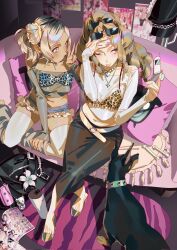  2girls animal_print bag bikini bikini_over_clothes black_skirt bleached_hair blonde_hair bow cellphone collar couch denim denim_shorts dog drill_hair earrings eyewear_on_head fake_nails fashion flip_phone flower from_above gusamo gyaru hand_on_own_face hat high_heels highres holding holding_phone jewelry leopard_print leopard_print_bikini long_hair loose_socks magazine_(object) manba_gyaru multiple_girls nail_polish navel on_couch original peaked_cap phone pillow pink_nails poster_(object) print_bikini selfie shorts side_ponytail skirt socks spiked_collar spikes sunglasses swimsuit tan thigh-highs v 