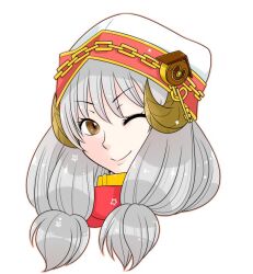  1girl brown_eyes brown_horns chain clock_hat_ornament closed_mouth commentary_request curled_horns grey_hair hat hat_ornament horns long_hair looking_at_viewer oekakipikki one_eye_closed portrait ragnarok_online rune_knight_(ragnarok_online) simple_background smile solo white_background white_hat 