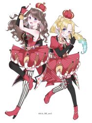  2girls :d absurdres arched_crown asymmetrical_gloves asymmetrical_sleeves bare_shoulders black_gloves black_thighhighs blonde_hair blue_eyes blue_hair boots bow-shaped_hair breasts brown_hair commentary_request crown dress drill_hair earrings elbow_gloves finger_gun fujishima_megumi full_body garter_straps gloves gradient_hair grin heart heart_earrings high_heel_boots high_heels highres jewelry large_breasts leg_up link!_like!_love_live! looking_at_viewer love_live! mismatched_gloves mismatched_sleeves mismatched_thighhighs multicolored_hair multiple_girls official_alternate_costume open_mouth osawa_rurino puffy_short_sleeves puffy_sleeves red_boots red_crown red_dress red_gloves riarii_(h3c_ms_zzz3) short_sleeves side_drill side_ponytail simple_background single_elbow_glove sleeveless sleeveless_dress smile striped_clothes striped_thighhighs thigh-highs twitter_username two_side_up uneven_eyes uneven_gloves vertical-striped_clothes vertical-striped_thighhighs violet_eyes virtual_youtuber white_background zenhoi_kyun 