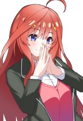  1girl ahoge black_cardigan blue_eyes blush cardigan closed_mouth commentary_request go-toubun_no_hanayome hair_between_eyes hair_ornament highres long_hair looking_at_viewer nakano_itsuki own_hands_together red_hair red_sweater_vest shirt smile solo star_(symbol) star_hair_ornament sweater_vest white_background white_shirt yamichi_(yamichi8369) 