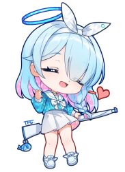  1girl aqua_hair aqua_shirt arona_(blue_archive) artist_name blue_archive blue_halo bow bow_hairband bowtie braid chibi chibi_only choker closed_eyes colored_inner_hair eyes_visible_through_hair facing_viewer footwear_bow full_body gun hair_ornament hair_over_one_eye hairband halo hand_up heart holding holding_gun holding_weapon long_sleeves making-of_available medium_hair multicolored_hair open_mouth pink_hair pink_skirt pleated_skirt puffy_long_sleeves puffy_sleeves sailor_collar sailor_shirt school_uniform serafuku shirt shoes side_braid simple_background single_braid skirt smile solo standing tfg. two-sided_fabric two-sided_skirt two-tone_hair umbrella_gun weapon weapon_on_back white_background white_bow white_bowtie white_choker white_hairband white_sailor_collar white_shoes white_skirt 