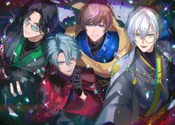  4boys :d absurdres aqua_eyes aqua_hair black_gloves black_hair black_kimono black_shirt blue_eyes blue_gemstone blue_hair blue_kimono brown_hair cape closed_mouth commentary confetti ear_piercing earrings english_commentary eyelashes eyewear_strap fingerless_gloves freodore_(nijisanji) gem glint gloves green_eyes green_gemstone grey_hair grey_kimono grin hair_between_eyes hand_up highres jacket japanese_clothes jewelry kaelix_debonair kimono koujisako long_sleeves looking_at_viewer male_focus mole mole_under_eye mole_under_mouth monocle multicolored_hair multiple_boys necklace nijisanji nijisanji_en open_mouth parted_lips piercing pink_eyes purple_hair red_kimono round_eyewear scarf seible_(nijisanji) shirt short_hair smile sparkle streaked_hair sunglasses twitter_username upper_body violet_eyes virtual_youtuber white_cape white_hair yellow_scarf zeal_ginjoka 