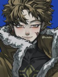  1boy b_me1101 black_shirt blonde_hair blue_background boku_no_hero_academia brown_eyes closed_mouth collarbone commentary_request covered_collarbone earrings forked_eyebrows fur-trimmed_jacket fur_trim hawks_(boku_no_hero_academia) highres jacket jewelry korean_commentary male_focus piercing portrait scar scar_on_cheek scar_on_face shirt simple_background smile solo white_fur yellow_jacket 