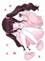  1girl animal_slippers blunt_bangs blush brown_eyes brown_hair candy dress eyepatch food food_print fruit_print hachiiya hair_between_eyes heart highres holding holding_candy holding_food holding_lollipop holding_phone jacket jirai_kei knees_together_feet_apart lollipop long_hair long_sleeves looking_to_the_side open_clothes open_jacket original phone pink_jacket pink_slippers shorts simple_background slippers solo strawberry_print tongue tongue_out twintails white_background 