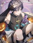  1boy absurdres armpits bandaid bishounen black_shirt blood blood_on_face cat genshin_impact glasses halloween hand_up highres jack-o&#039;-lantern japanese_clothes lion_2929 male_focus scaramouche_(genshin_impact) shirt short_hair shorts sitting solo wanderer_(genshin_impact) 