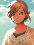  1boy artist_name bellhenge blonde_hair blue_eyes blue_sky closed_mouth clouds commentary day english_commentary grey_shirt hoop_piercing link looking_to_the_side male_focus outdoors pointy_ears shirt short_hair short_sleeves sky smile solo the_legend_of_zelda the_legend_of_zelda:_skyward_sword thick_eyebrows upper_body white_tunic 