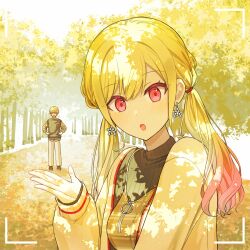  1boy 1girl :d :o ^_^ black_sweater black_sweater_vest blonde_hair breasts brother_and_sister brown_camisole camisole camisole_over_clothes cardigan closed_eyes dappled_sunlight earrings facing_viewer forced_perspective gradient_hair hands_on_own_hips highres jewelry long_hair looking_at_viewer low_twintails medium_breasts multicolored_hair open_cardigan open_clothes open_mouth outdoors pants pink_eyes pink_hair plaid_camisole project_sekai ribbed_sweater short_hair siblings smile star_(symbol) star_earrings sunlight sweater sweater_vest tenma_saki tenma_tsukasa tsusa179 twintails viewfinder white_cardigan white_pants 