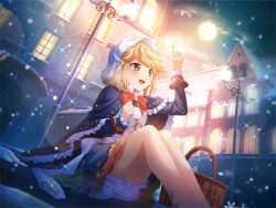  1girl andersen's_fairy_tales basket black_dress bow brown_hair building cosplay dress game_cg holding_matchstick kobato_ryouko lamppost little_match_girl little_match_girl_(cosplay) long_sleeves moon official_art open_mouth red_bow short_hair shorts shoujo_kageki_revue_starlight shoujo_kageki_revue_starlight_-re_live- sitting snowflakes solo violet_eyes white_shorts 