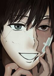  1boy absurdres aegyo_sal bandage_on_face bandages black_eyes black_hair broken_mask cracked_kawaii_mask crying crying_with_eyes_open grey_eyes hand_on_own_face hands_up hashtag-only_commentary heterochromia highres keomikan kim_dokja male_focus mask oldest_dream omniscient_reader's_viewpoint portrait short_hair solo tears 