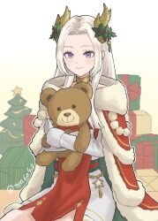 1girl blush box cape christmas christmas_tree closed_mouth cute dress edelgard_von_hresvelg edelgard_von_hresvelg_(snowfall_future) fake_horns fire_emblem fire_emblem:_three_houses fire_emblem_heroes fur_trim gift gift_box gloves gold_choker hair_ornament hat_ornament highres holding holding_stuffed_toy holly holly_hair_ornament holly_hat_ornament horns intelligent_systems long_hair looking_at_viewer multicolored_dress nintendo official_alternate_costume red_cape red_dress smile solo star_(symbol) stuffed_animal stuffed_toy tea6043 teddy_bear violet_eyes white_dress white_gloves white_hair yellow_horns