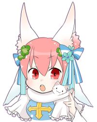  1girl animal_around_neck animal_ears arch_bishop_(ragnarok_online) blue_bow blue_dress blue_flower blush bow cat commentary_request cross dress flower fox_ears fox_girl frilled_dress frills hair_bow hair_flower hair_ornament looking_at_viewer oekakipikki official_alternate_costume open_mouth pink_hair ragnarok_online red_eyes short_hair simple_background solo two-tone_dress upper_body v-shaped_eyebrows white_background white_cat white_dress 