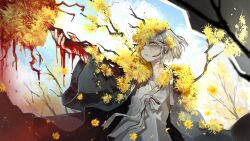  1girl absurdres bennett_soap blood blue_sky blurry blurry_foreground branch closed_mouth clouds commentary dongbaek_(project_moon) e.g.o_(project_moon) flower grey_hair highres japanese_clothes limbus_company outdoors project_moon short_hair sky solo spicebush_(e.g.o) standing wide_sleeves yellow_eyes yellow_flower 