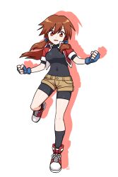  1girl black_bodysuit black_socks blue_gloves bodysuit brown_hair brown_shorts character_request clenched_hands commentary_request commission cropped_jacket drop_shadow fingerless_gloves floating_hair full_body gloves hair_between_eyes highres jacket long_hair looking_at_viewer muu_(mumumer) open_clothes open_jacket original parted_lips red_eyes red_jacket red_shoes shoes short_shorts short_sleeves shorts simple_background skeb_commission smile socks solo standing standing_on_one_leg v-shaped_eyebrows very_long_hair white_background 