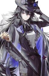  1girl absurdres animal_ear_fluff animal_ears arknights ascot black_ascot black_gloves black_hair black_hat black_jacket black_pants black_vest blue_cape cane cape cowboy_shot cropped_jacket ears_through_headwear frown fur-trimmed_cape fur_trim gloves grey_shirt hand_up hat highres holding holding_cane jacket jsjdndhidnshssj long_hair looking_at_viewer pants pinstripe_pattern pinstripe_vest revision shirt simple_background solo texas_(arknights) texas_the_omertosa_(arknights) texas_the_omertosa_(il_segreto_della_notte)_(arknights) thigh_strap very_long_hair vest white_background wolf_ears yellow_eyes 