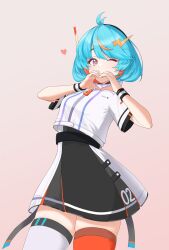  1girl 24hastur absurdres ahoge asymmetrical_legwear belt black_skirt blue_hair blush futuristic_outfit gradient_background hair_ornament hairclip hand_heart headband heart highres indie_virtual_youtuber lightning_bolt_symbol looking_at_viewer michi_(vtuber) miniskirt mismatched_legwear multicolored_hair non-web_source number_print one_eye_closed shirt short_hair short_sleeves simple_background skirt smile solo thigh-highs thighs virtual_youtuber white_shirt 