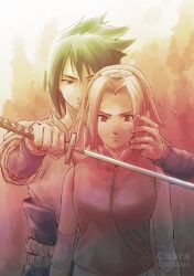 1boy 1girl black_hair blade_to_throat breasts chara_no7 commentary_request expressionless forehead_protector green_eyes hairband haruno_sakura highres holding holding_sword holding_weapon medium_breasts naruto_(series) naruto_shippuuden pink_hair red_eyes serious sleeveless sleeveless_jacket sword twitter_username uchiha_sasuke watermark weapon 