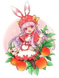  1girl animal_ear_headwear animal_ears apple black_pantyhose blush capelet commentary_request dress flower food fruit full_body gloves gobaku_no_hito hat leaf long_hair looking_at_viewer open_mouth pantyhose pointy_ears poring purple_hair rabbit_ears ragnarok_masters ragnarok_online red_capelet red_hat red_shoes shoes slime_(creature) smile solo violet_eyes waving white_background white_dress white_flower white_gloves 
