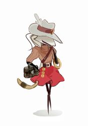  1girl arthropod_girl bag belt black_bag brown_belt brown_sweater commentary crossed_legs elbow_carry film_grain full_body halftone handbag hat hat_belt hat_feather highres hightguy hollow_eyes hollow_knight hollow_knight:_silksong looking_down medium_skirt puffy_short_sleeves puffy_sleeves red_skirt ribbed_sweater shadow shakra_(hollow_knight) short_sleeves skirt solo standing sweater symbol-only_commentary turtleneck turtleneck_sweater white_hat white_mask 