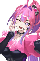  1girl absurdres ahoge bead_necklace beads blue_eyes breasts choker commentary fangs heart heart-shaped_pupils highres hololive hololive_dev_is jewelry kikirara_vivi kikirara_vivi_(flowglow_uniform) medium_breasts microphone multicolored_hair multicolored_nails mypace0079 necklace one_eye_closed pink_hair purple_hair side_ponytail spiked_choker spikes symbol-only_commentary symbol-shaped_pupils two-tone_hair virtual_youtuber white_background 