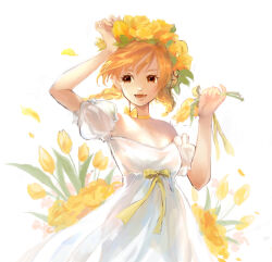  1girl blonde_hair bow braid braided_twintails brown_eyes commentary_request cowboy_shot dress flower gobaku_no_hito head_wreath holding holding_flower looking_at_viewer off-shoulder_dress off_shoulder open_mouth original simple_background smile solo white_background white_dress yellow_bow yellow_flower 