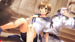  1boy 1girl aleph_coulson atelier-moo back-to-back belt bike_shorts black_belt breasts brown_eyes brown_hair burnt burnt_clothes burnt_face collarbone feet_out_of_frame game_cg hair_between_eyes hand_on_own_chest hand_on_own_head hat hood hood_down hooded_shirt indoors medium_breasts official_art open_mouth patty_sole second-party_source shirt short_hair short_sleeves sitting stairs striped_hat thighs white_hair white_shirt yuukyuu_gensoukyoku yuukyuu_gensoukyoku_revival 