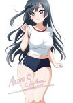  1girl absurdres azuresakura black_hair breasts grey_eyes gym_shirt gym_shorts gym_uniform highres long_hair love_live! love_live!_nijigasaki_high_school_idol_club shirt shorts yuuki_setsuna_(love_live!) 