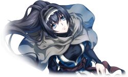  1girl black_gloves black_hair blue_eyes brown_cape cape closed_mouth code_geass code_geass:_lost_stories f4samurai game_cg gloves highres long_hair looking_at_viewer maya_disel official_art pendulum_(code_geass) robot simple_background solo transparent_background 