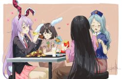  4girls :t animal_ears black_hair blazer blue_shirt brown_dress brown_skirt burger carrot_necklace cheese cheese_trail closed_eyes collared_shirt commentary_request cowboy_shot crescent crescent_pin cup disposable_cup dress eating fast_food feeding floppy_ears food french_fries grey_hair hat highres holding holding_burger holding_food houraisan_kaguya inaba_tewi jacket jewelry long_hair long_sleeves looking_at_another mcdonald's multiple_girls necklace necktie nurse_cap open_mouth otomeza_ryuseigun pink_shirt pink_skirt pleated_skirt puffy_short_sleeves puffy_sleeves purple_hair rabbit_ears rabbit_girl rabbit_tail red_necktie red_skirt reisen_udongein_inaba shirt short_hair short_sleeves sitting skirt table tail touhou very_long_hair white_shirt yagokoro_eirin 