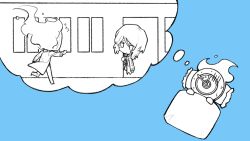  1girl 1other blanket blue_background chibi chibi_only clock coat coat_on_shoulders dante_(limbus_company) dreaming faust_(project_moon) fire flaming_head flying_sweatdrops greyscale_with_colored_background hands_up highres ivy_(675671) limbus_company mephistopheles_(project_moon) object_head peeking_out pillow project_moon running short_hair simple_background speech_bubble thought_bubble 