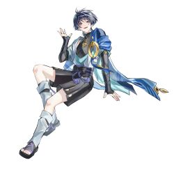  1boy anemo_symbol_(genshin_impact) aqua_gemstone aqua_hair aqua_kimono arm_at_side arm_support armor belt black_belt black_bodysuit black_bridal_gauntlets black_sandals black_shorts blue_cape blunt_ends bodysuit bridal_gauntlets bridal_legwear bright_pupils cape choppy_bangs chypuragy colored_inner_hair covered_collarbone eyeliner eyeshadow feathers furisode gem genshin_impact gold gold_ring grey_hair hakama hakama_shorts hand_up highres japanese_armor japanese_clothes juban kimono kote kurokote leg_warmers looking_at_viewer makeup male_focus mandarin_collar middle_ring multicolored_hair open_clothes open_hand open_kimono open_mouth pleated_shorts pom_pom_(clothes) purple_rope purple_sash red_eyeliner red_eyeshadow rope sandals sash scaramouche_(genshin_impact) shorts shoulder_peek sitting solo stirrup_legwear tassel teeth toeless_legwear toenails toes upper_teeth_only violet_eyes wanderer_(genshin_impact) white_background white_kimono white_leg_warmers white_pupils white_trim yellow_feathers zouri 