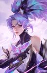  1girl akali bare_shoulders bow character_request hair_bow highres kama_(weapon) league_of_legends long_hair looking_at_viewer ponytail purple_hair rellapzz3 sickle sleeveless solo star_guardian_akali tagme ultraviolet_light weapon 
