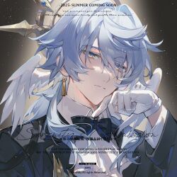  1boy 2025 absurdres ascot black_bow black_bowtie black_suit blue_hair bow bowtie chinese_commentary closed_mouth collared_shirt commentary_request earrings eyes_visible_through_hair gloves gold_earrings hair_intakes hair_over_one_eye hair_over_shoulder halo halo_behind_head hand_up head_wings highres honkai:_star_rail honkai_(series) jewelry long_hair long_sleeves looking_at_viewer male_focus official_alternate_costume piercing portrait shirt solo suit sunday_(honkai:_star_rail) sunday_(star_rail_live_2025)_(honkai:_star_rail) watermark weibo_5516321954 white_ascot white_gloves white_shirt white_wings wing_piercing wings 