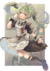  1girl absurdres belt black_boots black_dress boots breasts chain circular_saw commentary_request corin_wickes cuffs dress fang fingernails full_body highres knee_boots lamp long_hair maid maid_headdress mrhgrt open_mouth painting_(object) puffy_short_sleeves puffy_sleeves saw screw_hair_ornament short_sleeves skin_fang solo twintails violet_eyes zenless_zone_zero 