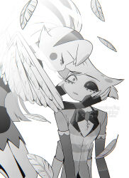  1boy 1girl absurdres angel_dust bow bowtie brother_and_sister chromatic_aberration circle_facial_mark closed_eyes commentary_request cowboy_shot elbow_gloves extra_arms extra_legs facial_mark facing_another facing_down feathered_wings feathers fewer_digits fingerless_gloves furry furry_female furry_male gloves greyscale hairband hands_on_another's_cheeks hands_on_another's_face hatching_(texture) hazbin_hotel hellaverse highres long_hair looking_at_another looking_up menma_(enaic31) mismatched_sclera molly_(hazbin_hotel) monochrome parted_lips shirt siblings simple_background striped_clothes striped_shirt tearing_up traditional_bowtie twins twitter_username two-tone_shirt u_u upper_body very_long_hair watermark white_background wide-eyed wings 