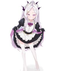  1girl :/ alternate_costume apron black_dress black_gloves blue_archive blush center_frills closed_mouth commentary curtsey demon_horns dress enmaided forehead frilled_apron frills full_body garter_straps gloves hair_ornament hairclip halo highres hina_(blue_archive) horns juliet_sleeves leaning_forward leaning_to_the_side long_hair long_sleeves maid maid_apron maid_headdress meyu narrowed_eyes neck_ribbon no_shoes parted_bangs petticoat pink_hair puffy_sleeves purple_ribbon ribbon simple_background sketch solo standing sweatdrop thigh-highs very_long_hair violet_eyes white_apron white_background white_thighhighs 