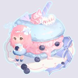  :o bare_shoulders blue_boots blue_bow blue_dress blue_outline blue_sleeves blueberry blush boots bow brown_eyes character_name commentary_request detached_sleeves dress food fruit fur-trimmed_dress fur-trimmed_sleeves fur_trim grey_background hair_bow highres holding holding_food holding_fruit icing lanlan_zhi_jiabing light_particles long_hair macaron medium_dress nikki_(nikki) nikki_(series) no_lineart official_alternate_color outline oversized_food oversized_object paper_airplane parted_lips pink_hair purple_bow shining_nikki short_sleeves simple_background sprinkles star-filled_rainbow_(shining_nikki) strapless strapless_dress tareme watermark 