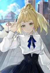  1girl beach beach_umbrella blonde_hair blue_ribbon blush braid city commentary_request dress green_eyes highres lillie_(pokemon) pikipek pokemon pokemon_sm ponytail ponytail_with_braided_base ribbon smile solo srseyo_o umbrella v white_dress 