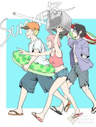 1girl 2boys alternate_costume amputee bag baseball_cap beach_umbrella black_hair blonde_hair blue_background blue_shorts border breasts camisole chara_no7 collared_shirt commentary_request crop_top denim denim_shorts facial_mark flip-flops full_body green_eyes grey_bag grey_shorts grin haruno_sakura hat highres holding holding_bag holding_swim_ring holding_umbrella medium_breasts midriff multiple_boys naruto_(series) naruto_shippuuden navel open_clothes open_mouth open_shirt orange_hat parted_bangs pink_camisole pink_hair pointing purple_shirt sandals shirt short_hair shorts smile spiky_hair sunglasses swim_ring t-shirt teeth torn_clothes torn_shirt twitter_username uchiha_sasuke umbrella uzumaki_naruto walking whisker_markings white_border white_shirt 