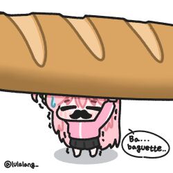 1girl baguette black_skirt bocchi_the_rock! bread chibi chibi_only closed_eyes facing_viewer fake_facial_hair fake_mustache food full_body gotoh_hitori highres holding holding_food jacket long_hair lulalang oversized_food oversized_object pink_hair pink_jacket simple_background skirt solo speech_bubble standing sweatdrop trembling white_background 