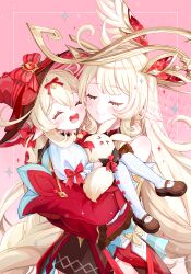  2girls :d ^_^ alice_(genshin_impact) bare_shoulders blonde_hair blush bow bow_legwear bowtie brown_shoes closed_eyes closed_mouth commentary_request double-parted_bangs dress frilled_sleeves frills genshin_impact hat highres klee_(genshin_impact) long_hair mary_janes mother_and_daughter multiple_girls open_mouth pantyhose pink_background pointy_ears red_bow red_bowtie red_dress red_hat shoes short_sleeves sleeve_bow smile watermark white_pantyhose witch_hat yutukicom 