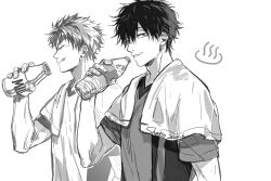  2boys :q artist_name bokuto_koutarou bottle closed_eyes commentary dated english_commentary greyscale haikyuu!! hair_down holding holding_bottle kuroo_tetsurou looking_at_viewer male_focus milk_bottle monochrome multiple_boys parted_lips shatin_(pomelomcp) short_hair simple_background teeth tongue tongue_out towel towel_around_neck upper_body water_bottle white_background 