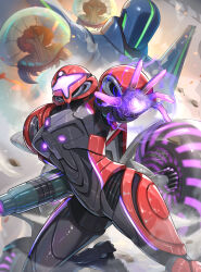  1girl absurdres arm_cannon armor assault_visor cannon commentary_request full_armor gonzarez green_visor helmet highres metroid metroid_(creature) metroid_prime_4:_beyond mochtroid neon_trim power_armor power_suit_(metroid) purple_visor samus_aran science_fiction sylux_(metroid) two-tone_armor vi-o-la vi-o-la_suit weapon 