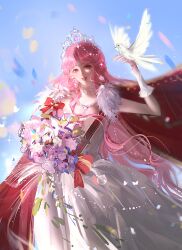  1girl absurdly_long_hair absurdres bead_choker bead_necklace beads bird bird_on_hand blue_sky bouquet brown_eyes cape chinese_commentary choker commentary_request confetti cowboy_shot day dove dress earrings eyelashes floating_cape flower frilled_arm_warmers frilled_choker frills fur-trimmed_cape fur_trim gem hair_beads hair_ornament haoyuzhishijie31369 happy heart heart_necklace highres holding holding_bouquet jewelry light_particles lipstick long_dress long_hair makeup miracle_nikki necklace nikki_(nikki) nikki_(series) open_mouth outdoors pink_gemstone pink_hair pleated_dress purple_flower realistic red_cape red_lips single_sidelock sky smile solo standing strapless strapless_dress teeth tiara upper_teeth_only very_long_hair wavy_hair when_blossoms_gather_(miracle_nikki) white_arm_warmers white_choker white_dress wind 