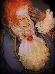  1boy ascot bandage_over_one_eye brooch brown_gloves commentary_request frilled_ascot frilled_sleeves frills frown gloves highres jewelry leirion5 male_focus military_uniform one_piece portrait red_eyes red_hair shanks_(one_piece) short_hair white_ascot 