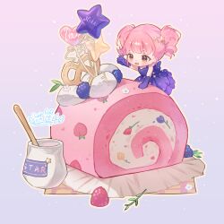  1girl back_bow bare_shoulders blackberry_(fruit) blunt_bangs bow brown_eyes cake chibi child chinese_commentary climbing commentary_request dress drill_hair elbow_gloves food frilled_dress frills fruit gloves gradient_background hair_ornament happy highres lanlan_zhi_jiabing light_blush light_particles looking_at_object medium_dress napkin nikki_(nikki) nikki_(series) open_mouth outline outstretched_arm oversized_food oversized_object pink_background pink_hair pleated_dress pretzel print_dress purple_background purple_bow purple_dress purple_gloves raspberry shining_nikki short_hair short_twintails simple_background smile solo star_(symbol) star_balloon star_hair_ornament star_print star_sea_(nikki) swiss_roll tareme twin_drills twintails two-tone_background yellow_outline young_nikki_(shining_nikki) 