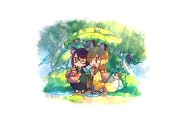  2929gigamax 2girls :< :d after_rain animal_ear_fluff animal_ears bag basket bell black_hair black_tail blonde_hair blue_kimono border check_clothing chibi chibi_only closed_mouth clothing_request daiba_nana dappled_sunlight day fading_border flipped_bangs food fox_ears fox_girl fox_tail frog fruit fruit_basket fruit_request grass green_eyes green_kimono hair_bell hair_between_eyes hair_ornament hands_up highres holding holding_basket holding_leaf hoshimi_junna japanese_clothes jitome kemonomimi_mode kimono leaf leaf_umbrella long_sleeves looking_ahead medium_hair multiple_girls no_sclera notice_lines one_eye_closed open_mouth outdoors puddle rock sandals shoujo_kageki_revue_starlight side-by-side sidelocks smile snail socks standing sunlight tail third-party_source tree walking water_drop wet white_border white_socks wide_sleeves yellow_kimono yellow_tail zouri 