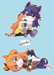  2girls absurdres animal_ears bandaid bandaid_on_face bandaid_on_nose belt black_hair black_thighhighs blush bomber_jacket boots bow breasts brown_ribbon character_doll chest_sarashi closed_eyes closed_mouth dog_tags doll doqute_stuffed_doll ear_bow ear_ribbon green_jacket hair_between_eyes highres horse_ears horse_girl horse_tail hugging_doll hugging_object jacket long_hair long_sleeves mayano_top_gun_(casual)_(umamusume) mayano_top_gun_(scramble_zone)_(umamusume) mayano_top_gun_(umamusume) multiple_girls narita_brian_(casual)_(umamusume) narita_brian_(maverick)_(umamusume) narita_brian_(umamusume) open_clothes open_jacket open_mouth orange_eyes orange_hair pants plaid_clothes plaid_skirt ponytail purple_pants ribbon rope sarashi shimenawa shirt shorts skirt smile sweater tail thigh-highs two_side_up umamusume white_belt white_shirt white_shorts white_sweater yellow_eyes yellow_shirt yellow_skirt yonu_(yonurime) 